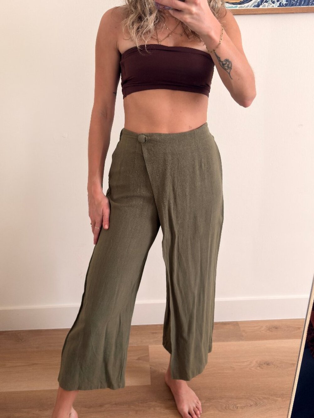 Prem Asymmetrical Wrap Pants Olive Green Linen Blend XS